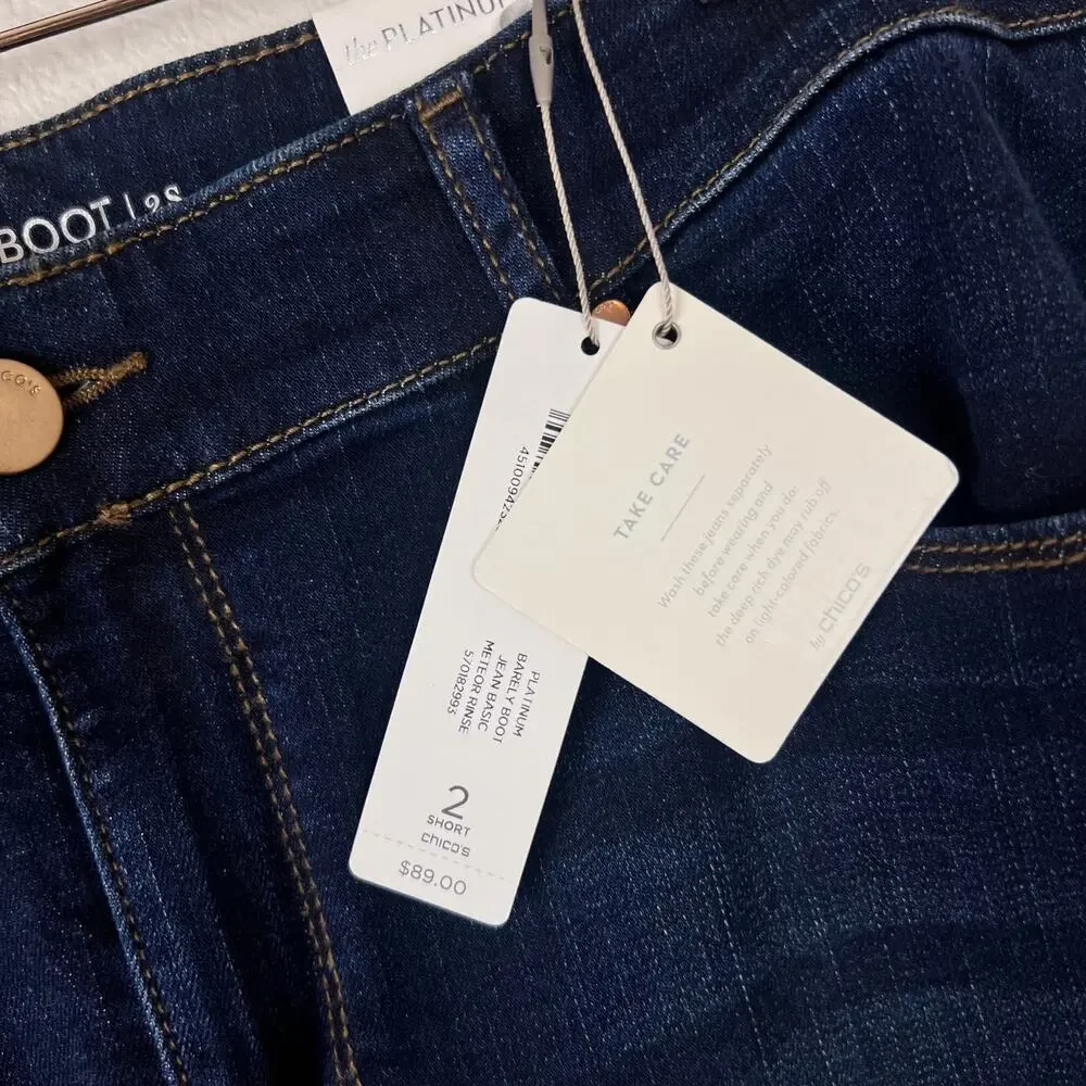 Chico’s The Platinum Barely Boot Jeans Dark Wash Mid Rise Stretch Size 12 Short - Picture 3 of 6